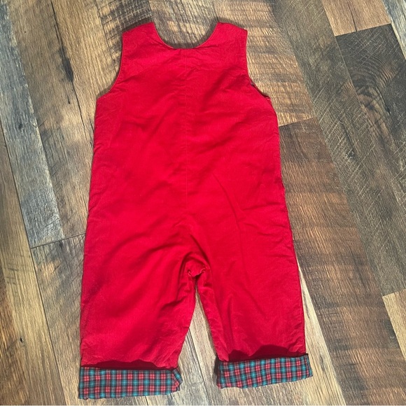 Adorable, handmade red corduroy with plaid lining Christmas overalls - Picture 4 of 6